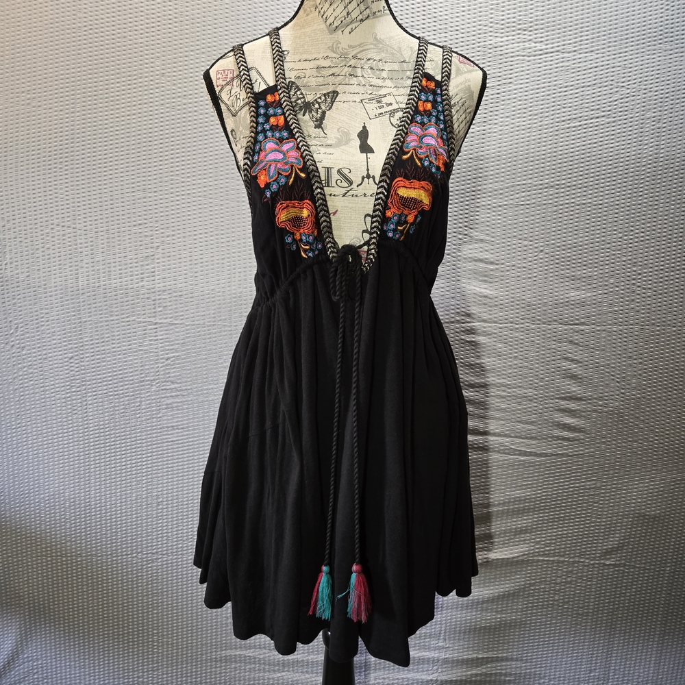 Free People Embroidered Black Mini Dress Hippie Boho